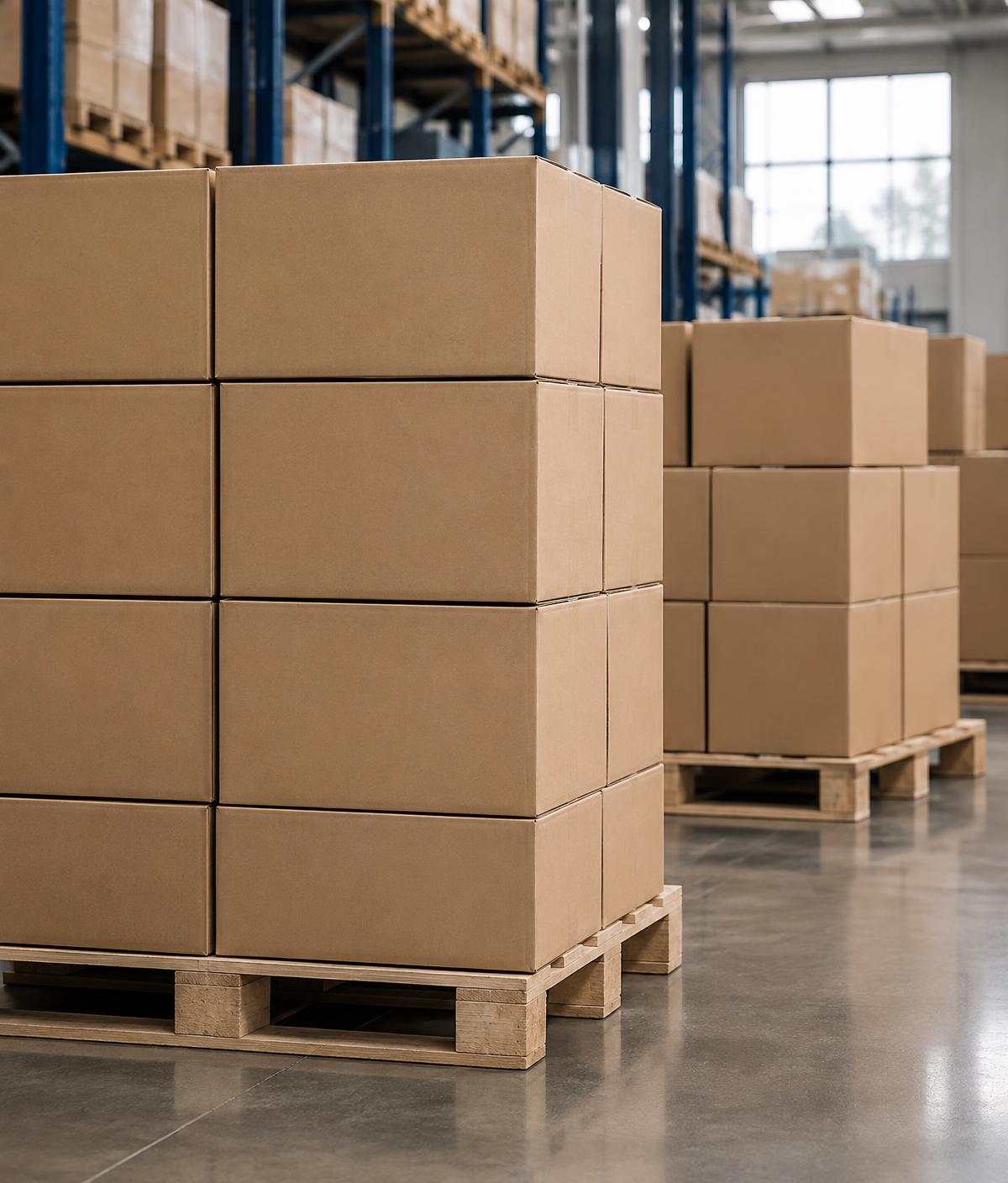 Palletized cartons ready for wholesale shipment in a distribution centre