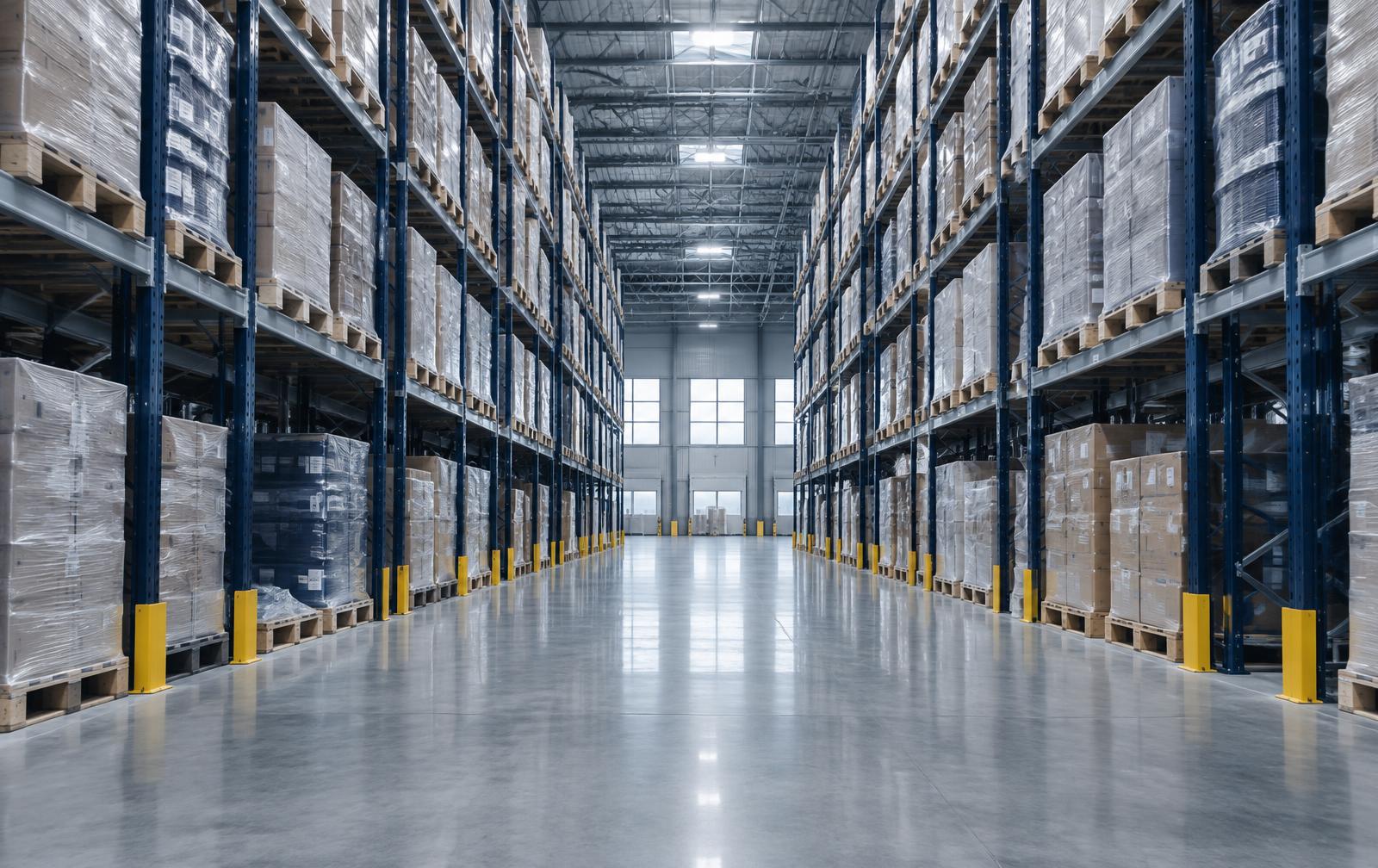 Wholesale distribution warehouse aisle stocked with palletized inventory
